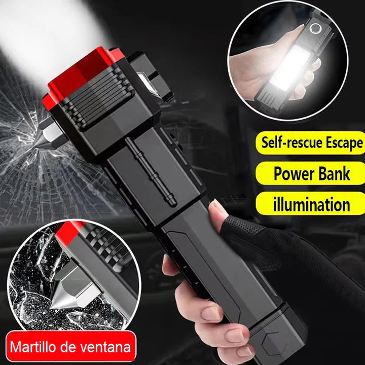 Linterna táctica 4 en 1 con martillo rompe vidrios y PowerBank