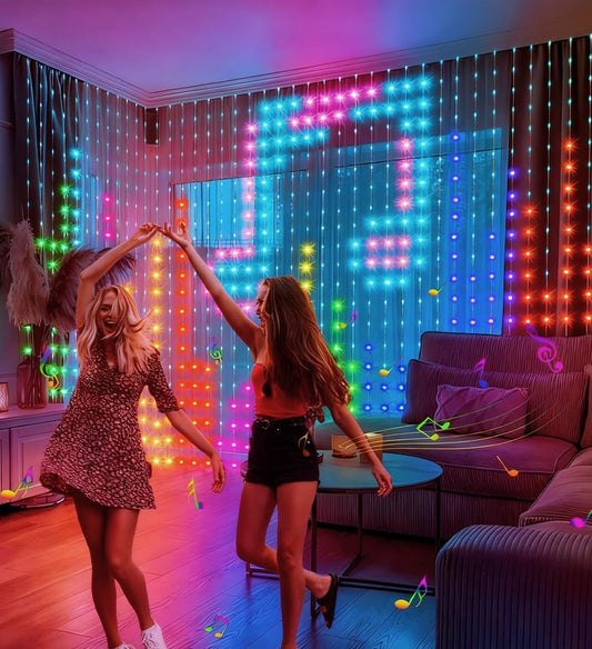 Cortina de luces LED Nebula en modo musica durante una fiesta